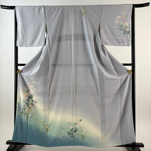 訪問服 身長160.5cm 袖長64.5cm M 雙層 藤舟 落款あり 菊花 草花紋紋 漸層 薄紫 純蠶絲 名品級