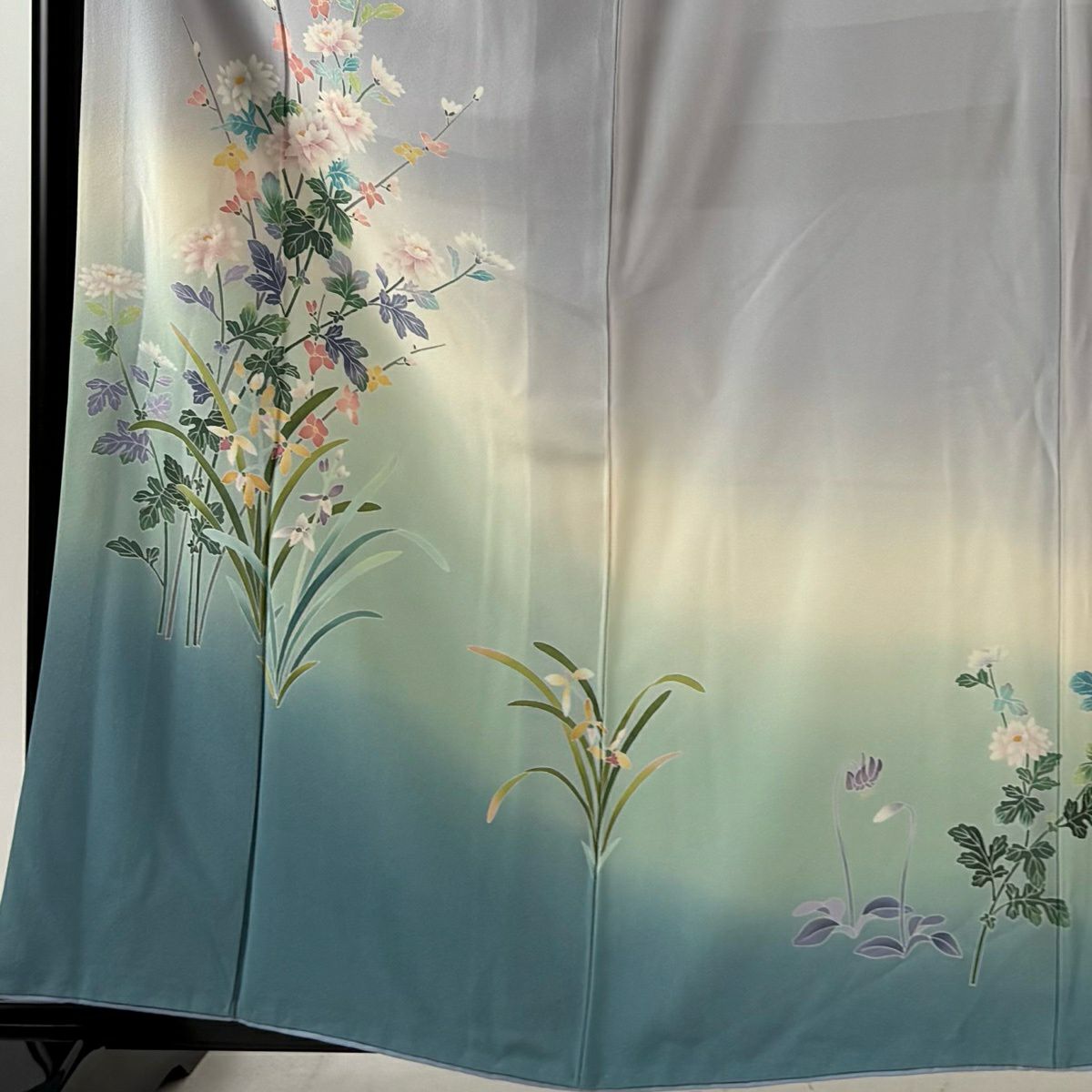 訪問服 身長160.5cm 袖長64.5cm M 雙層 藤舟 落款あり 菊花 草花紋紋 漸層 薄紫 純蠶絲 名品級