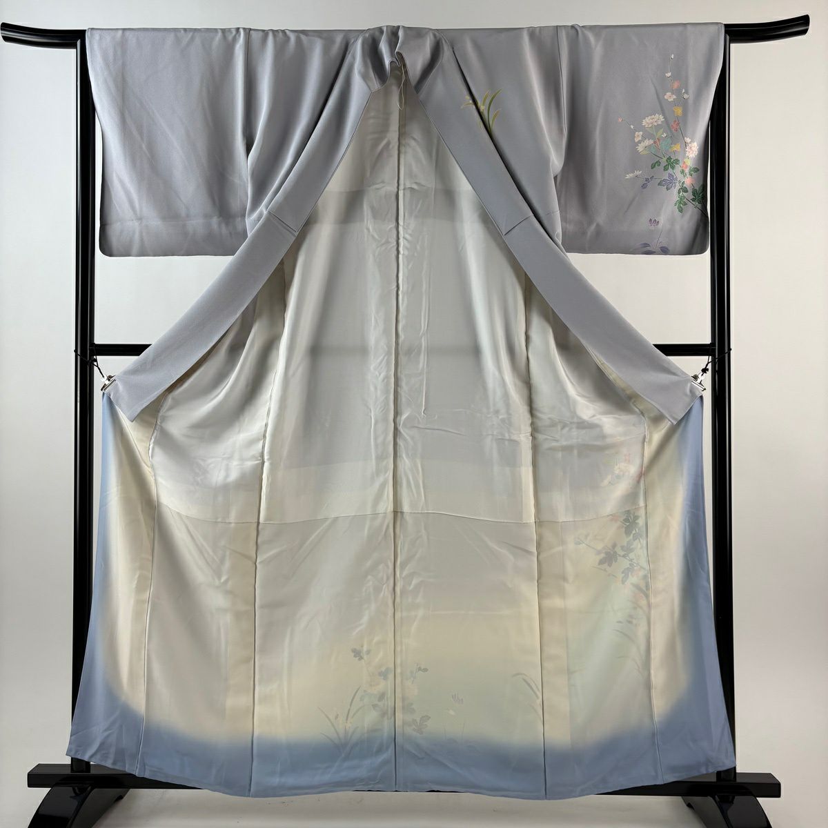 訪問服 身長160.5cm 袖長64.5cm M 雙層 藤舟 落款あり 菊花 草花紋紋 漸層 薄紫 純蠶絲 名品級