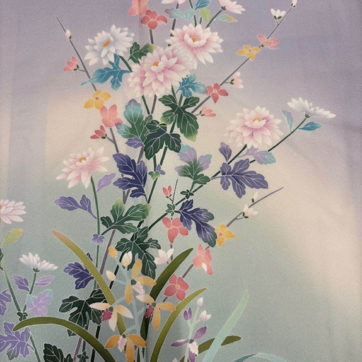 訪問服 身長160.5cm 袖長64.5cm M 雙層 藤舟 落款あり 菊花 草花紋紋 漸層 薄紫 純蠶絲 名品級