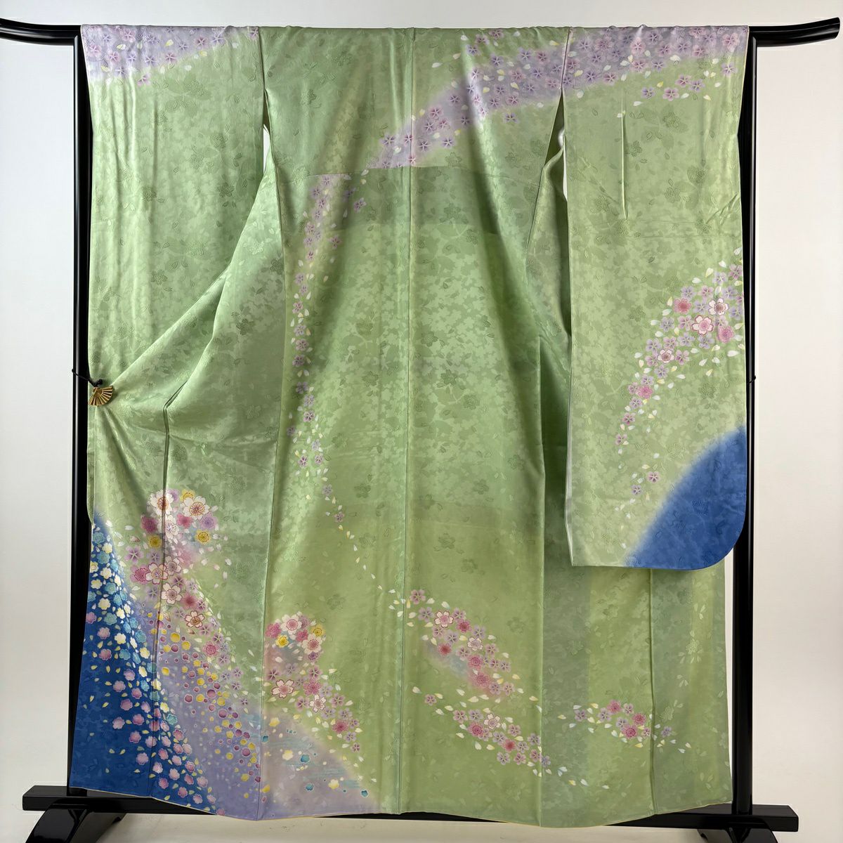 【美品】振袖禮服 身長161cm 袖長65cm M 雙層 櫻花花瓣 拉麵 金銀彩 淺綠 純蠶絲 名品級