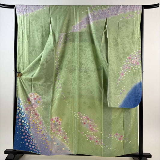 【美品】振袖禮服 身長161cm 袖長65cm M 雙層 櫻花花瓣 拉麵 金銀彩 淺綠 純蠶絲 名品級