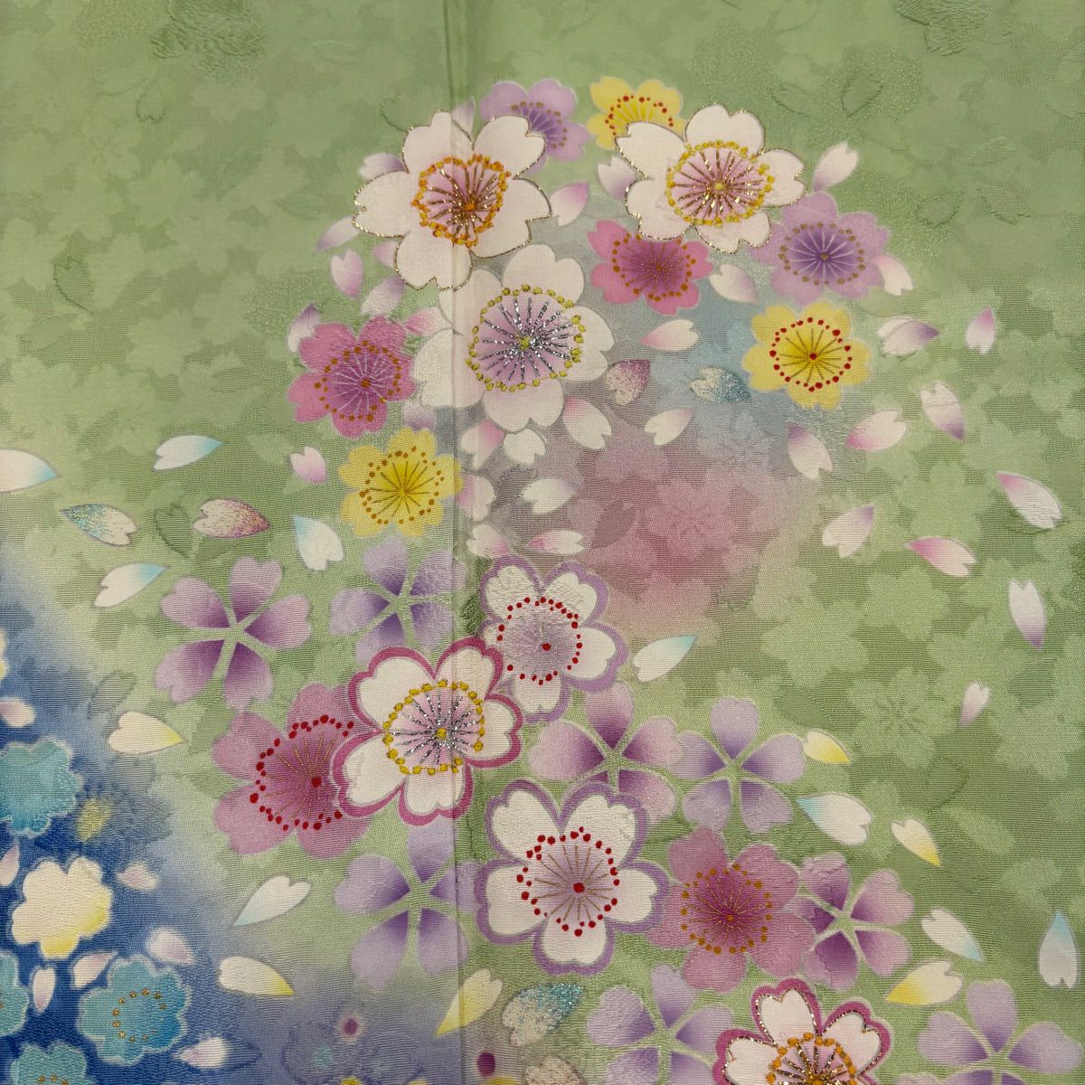 【美品】振袖禮服 身長161cm 袖長65cm M 雙層 櫻花花瓣 拉麵 金銀彩 淺綠 純蠶絲 名品級