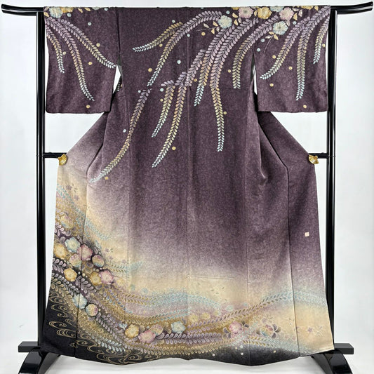 訪問服 身長163cm 袖長63cm S 雙層 落款 草花紋紋 流水 銀通し 絞染 灰紫 純蠶絲 名品級