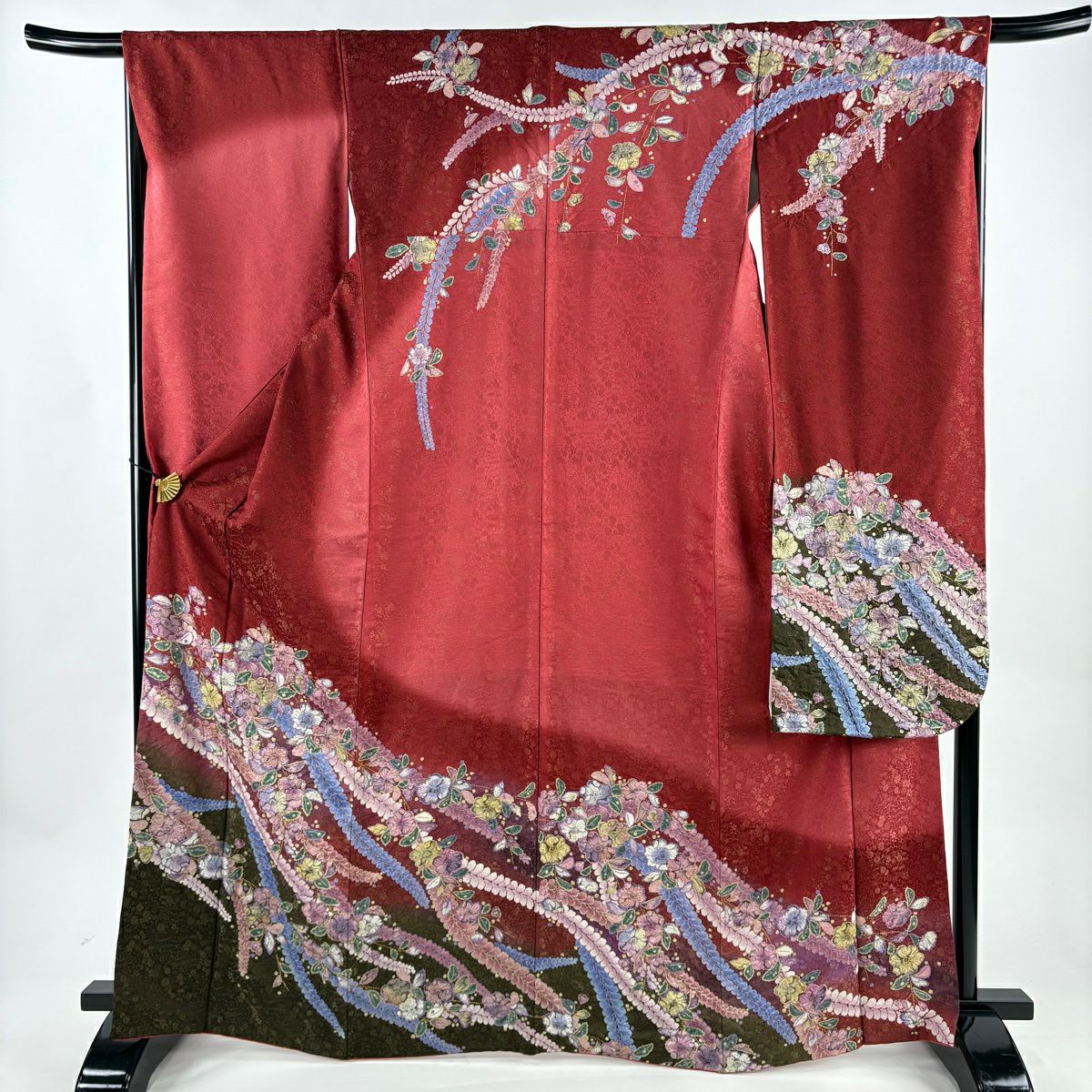振袖禮服 身長166.5cm 袖長67.5cm L 雙層 草花紋紋 金通し 漸層 茜 純蠶絲 名品級