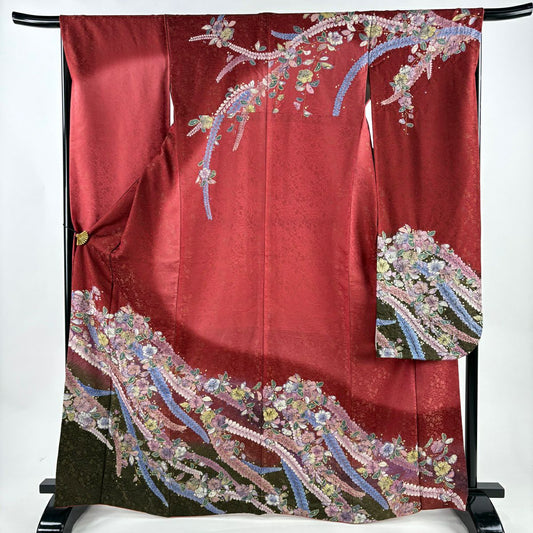 振袖禮服 身長166.5cm 袖長67.5cm L 雙層 草花紋紋 金通し 漸層 茜 純蠶絲 名品級