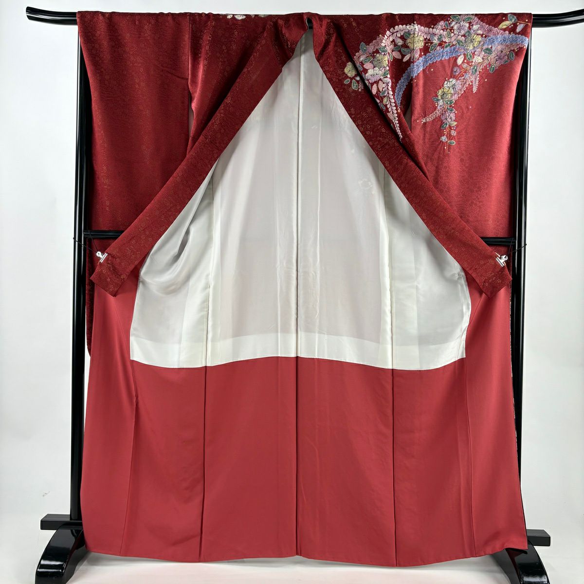 振袖禮服 身長166.5cm 袖長67.5cm L 雙層 草花紋紋 金通し 漸層 茜 純蠶絲 名品級