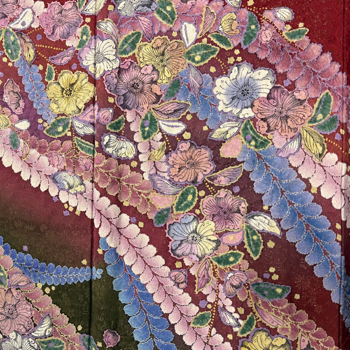 振袖禮服 身長166.5cm 袖長67.5cm L 雙層 草花紋紋 金通し 漸層 茜 純蠶絲 名品級