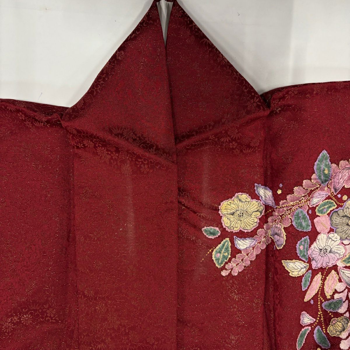 振袖禮服 身長166.5cm 袖長67.5cm L 雙層 草花紋紋 金通し 漸層 茜 純蠶絲 名品級