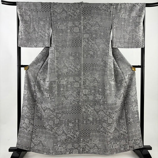 【美品】 小紋 身長162cm 袖長67.5cm L 雙層 紋意匠 花唐草紋 華紋 灰 純蠶絲 名品級
