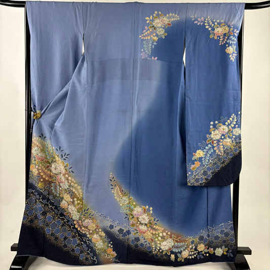 振袖禮服 身長166cm 袖長66.5cm M 雙層 草花紋紋 花唐草紋 金通し 漸層 青灰 純蠶絲 名品級