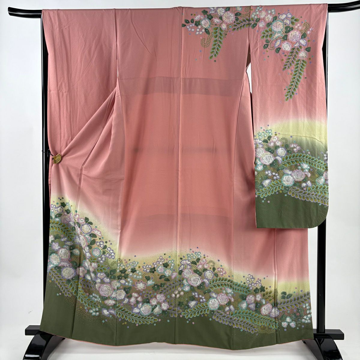 振袖禮服 身長163cm 袖長66.5cm M 雙層 草花紋紋 漸層 柔和粉紅 純蠶絲 名品級