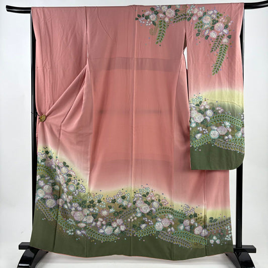 振袖禮服 身長163cm 袖長66.5cm M 雙層 草花紋紋 漸層 柔和粉紅 純蠶絲 名品級