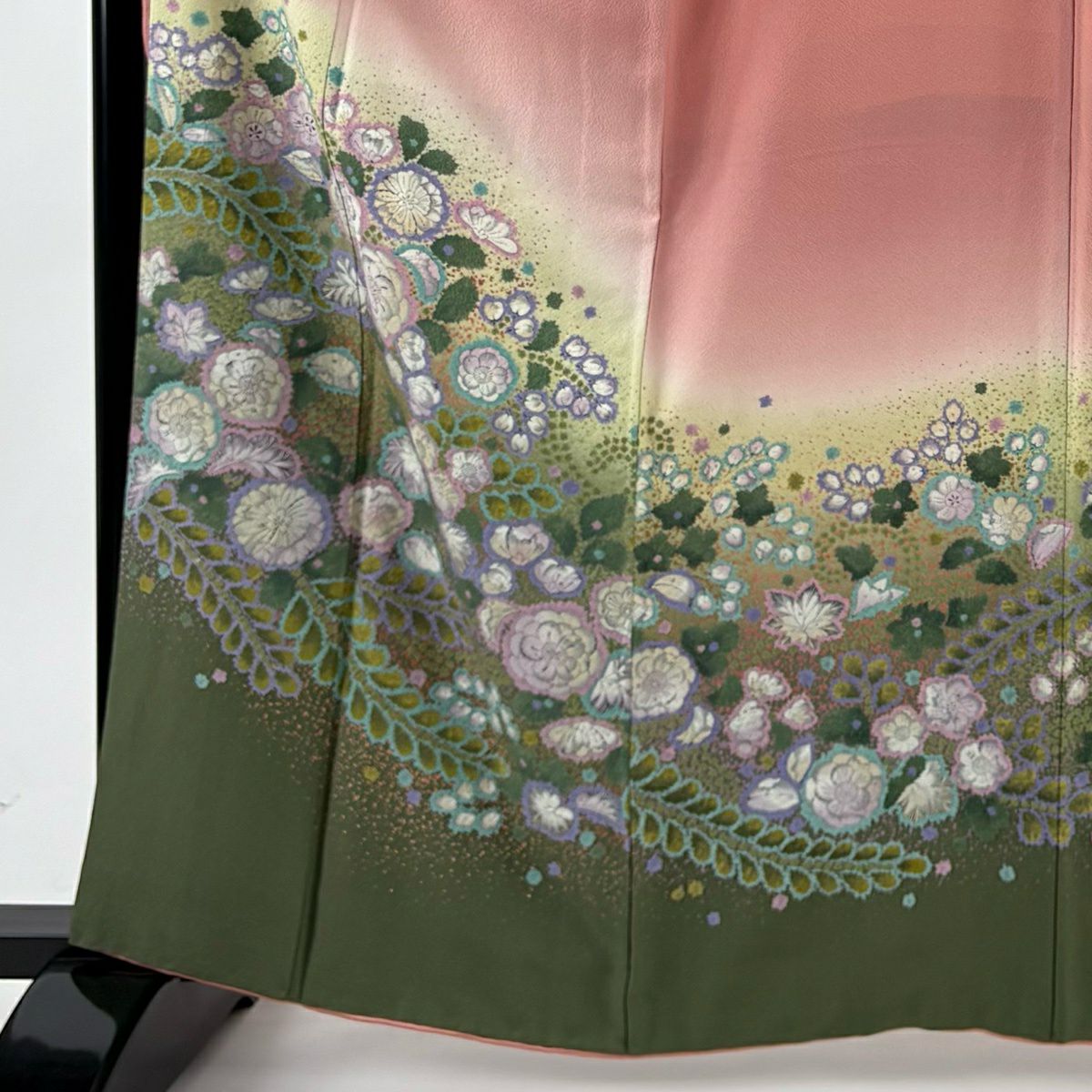振袖禮服 身長163cm 袖長66.5cm M 雙層 草花紋紋 漸層 柔和粉紅 純蠶絲 名品級
