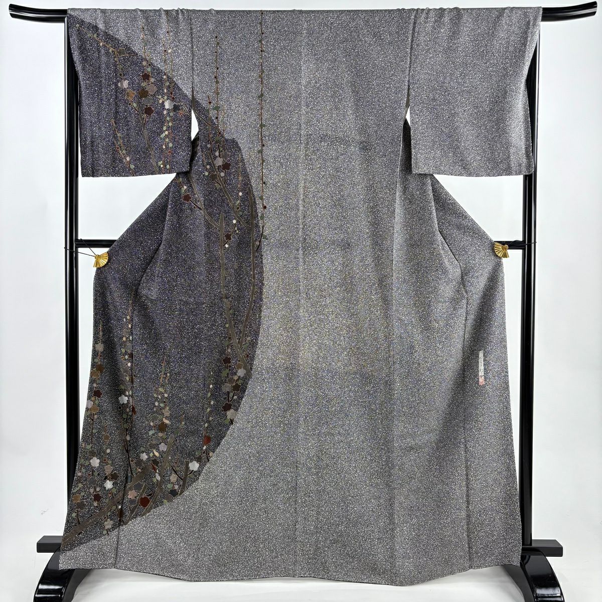 【美品】訪問服 身長166cm 袖長67cm M 雙層 川村久太郎 落款あり 枝梅花 金糸刺繡 黑 純蠶絲 名品級