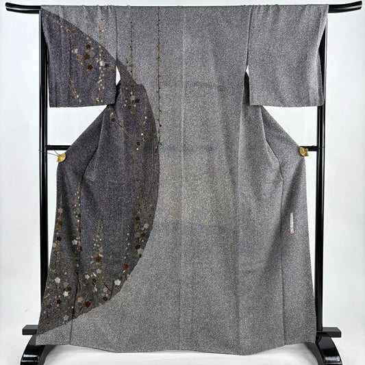 【美品】訪問服 身長166cm 袖長67cm M 雙層 川村久太郎 落款あり 枝梅花 金糸刺繡 黑 純蠶絲 名品級