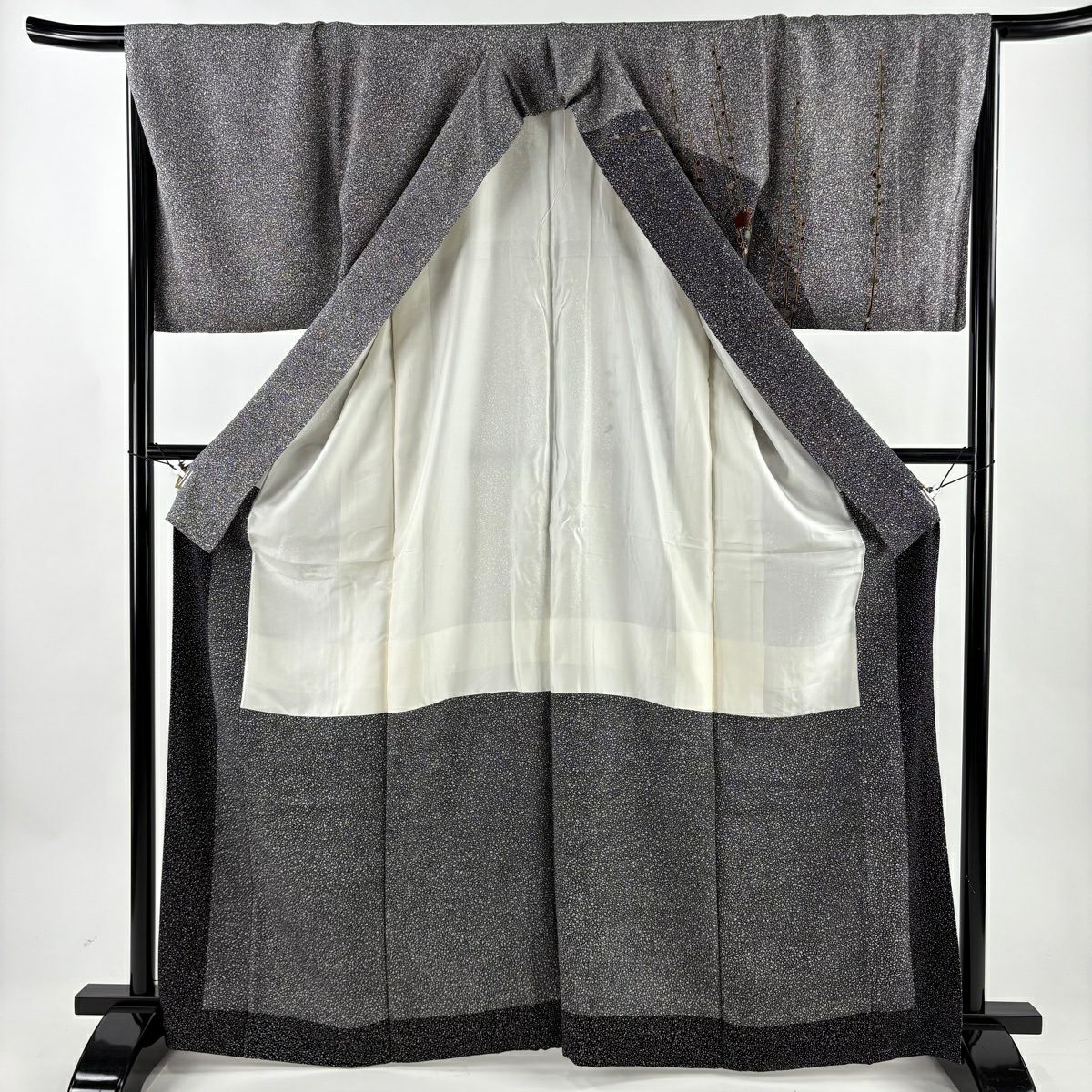 【美品】訪問服 身長166cm 袖長67cm M 雙層 川村久太郎 落款あり 枝梅花 金糸刺繡 黑 純蠶絲 名品級