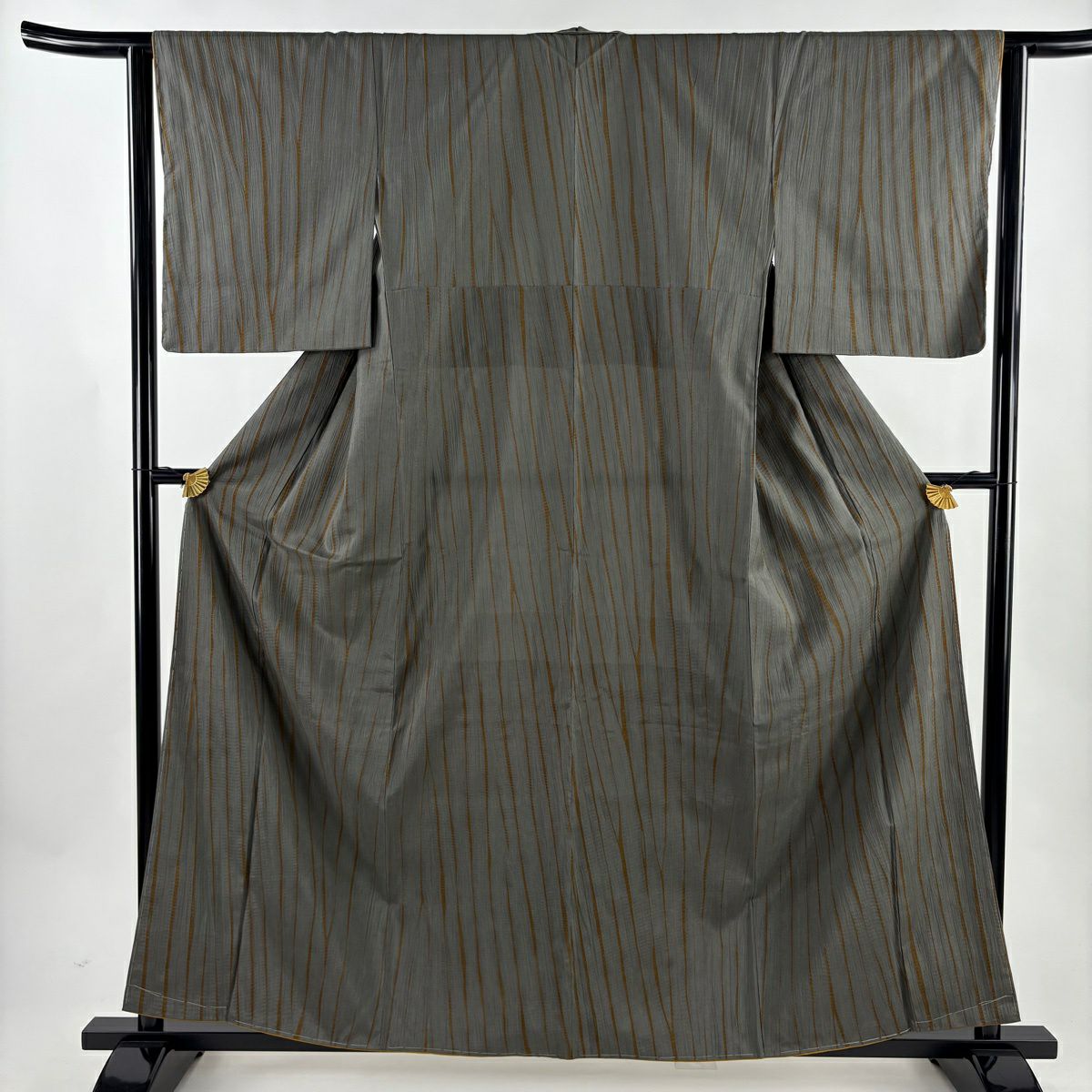 【美品】 小紋 身長159cm 袖長63.5cm S 雙層 大島紬織地 證書在側 縞紋 絞染 灰綠 純蠶絲 名品級
