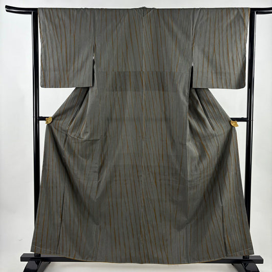 【美品】 小紋 身長159cm 袖長63.5cm S 雙層 大島紬織地 證書在側 縞紋 絞染 灰綠 純蠶絲 名品級