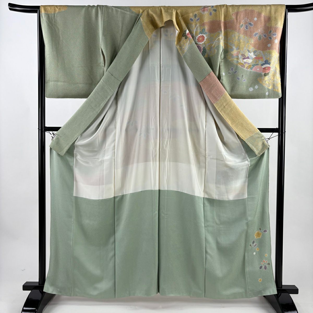 【美品】訪問服 身長164cm 袖長66cm M 雙層 落款あり 牡丹 菊花 金銀彩 灰綠 純蠶絲 名品級