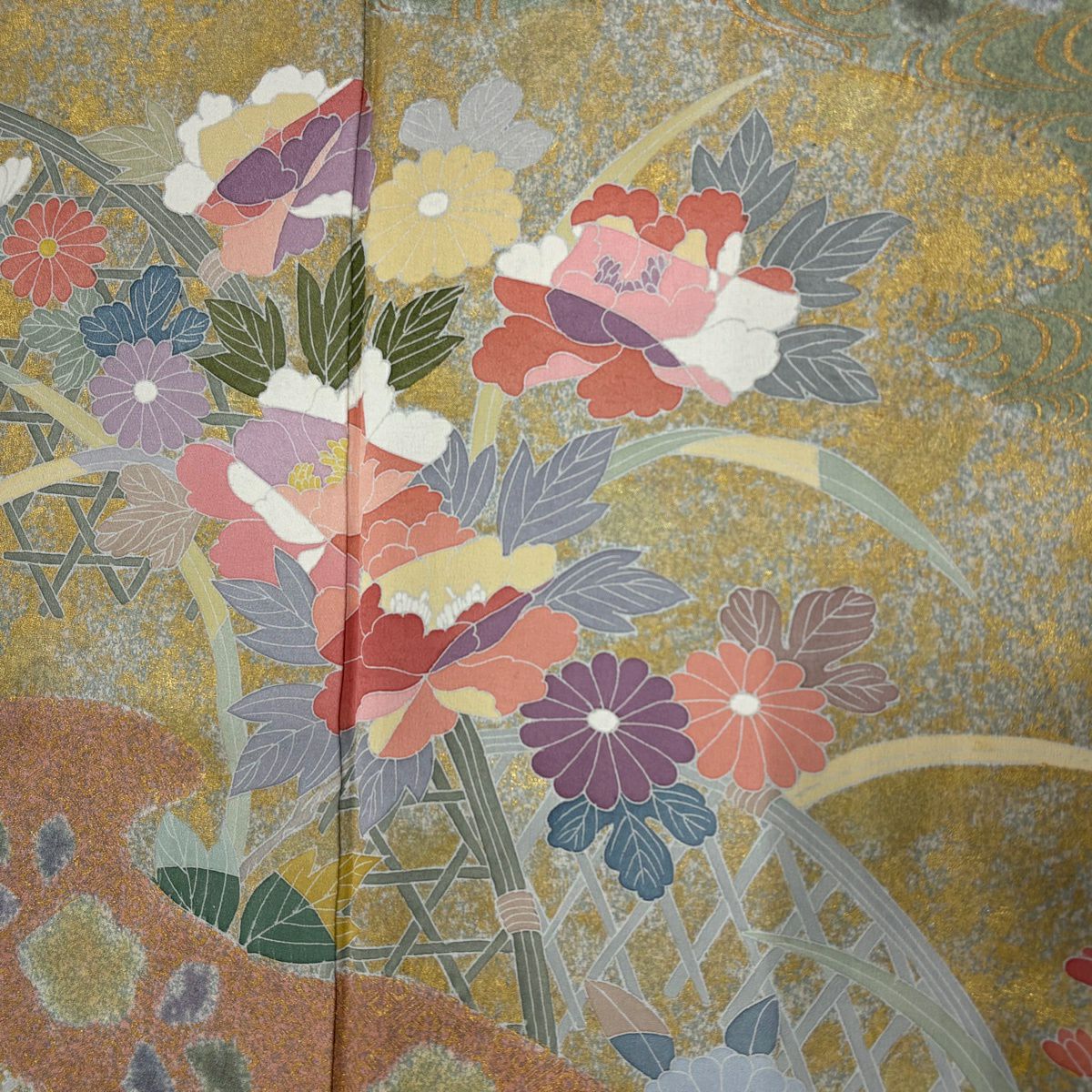 【美品】訪問服 身長164cm 袖長66cm M 雙層 落款あり 牡丹 菊花 金銀彩 灰綠 純蠶絲 名品級