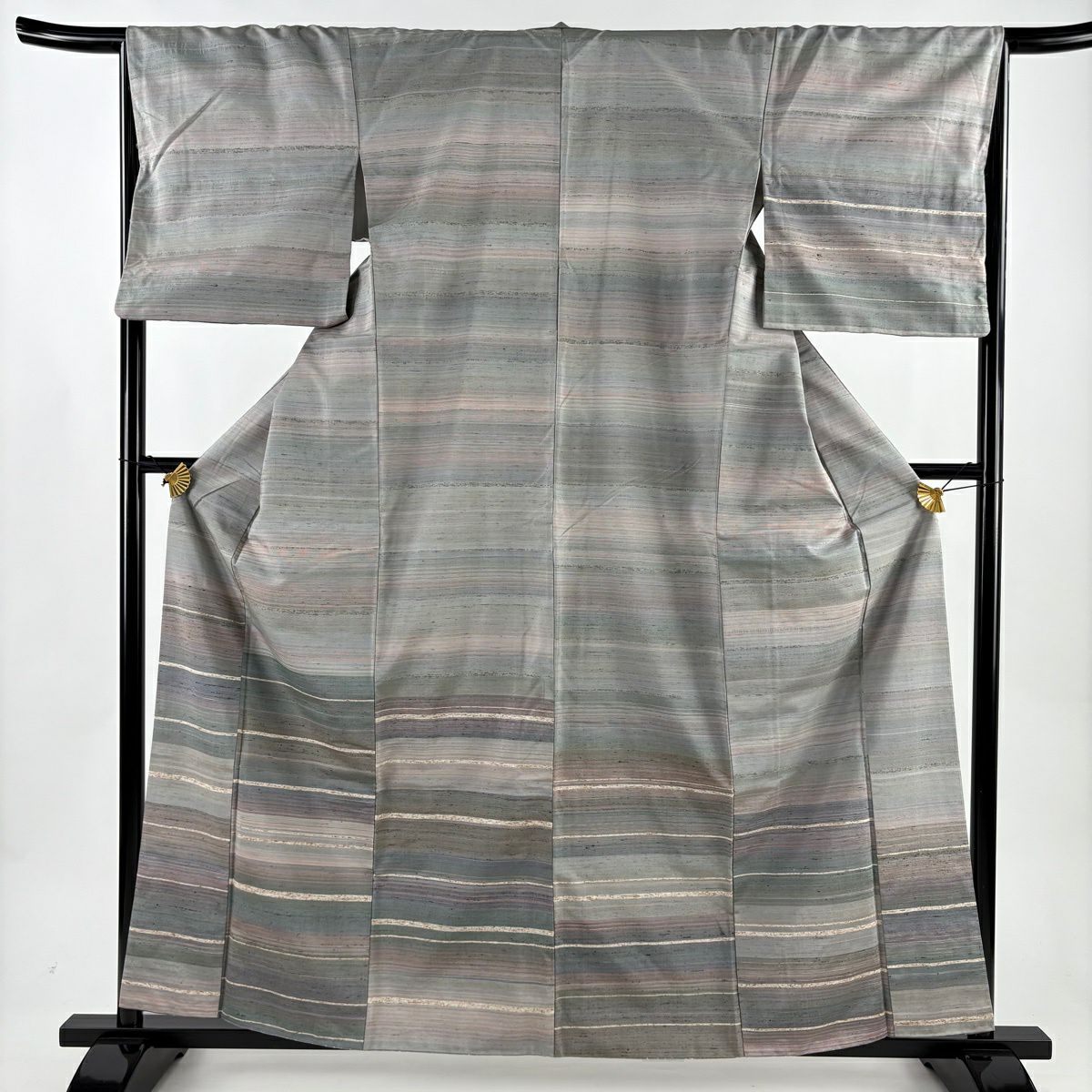 【美品】 付下 身長159.5cm 袖長66cm M 雙層 紬織織 段紋 灰色 純蠶絲 名品級