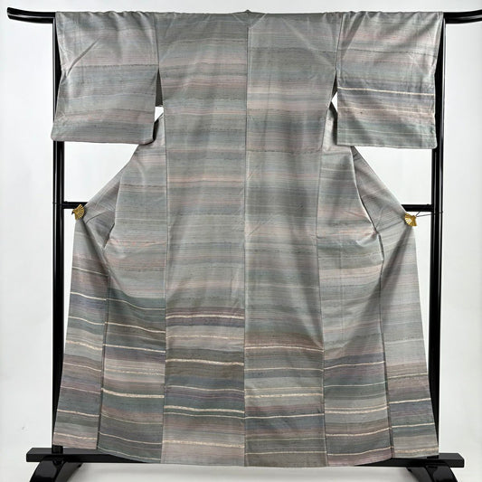 【美品】 付下 身長159.5cm 袖長66cm M 雙層 紬織織 段紋 灰色 純蠶絲 名品級