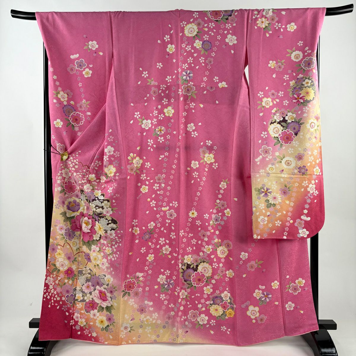 振袖禮服 身長166cm 袖長70.5cm L 雙層 牡丹 櫻花 金銀彩 粉紅 純蠶絲 名品級