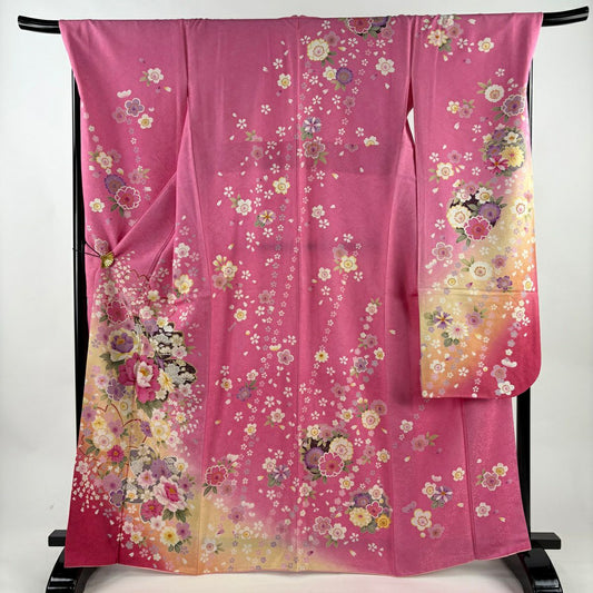 振袖禮服 身長166cm 袖長70.5cm L 雙層 牡丹 櫻花 金銀彩 粉紅 純蠶絲 名品級