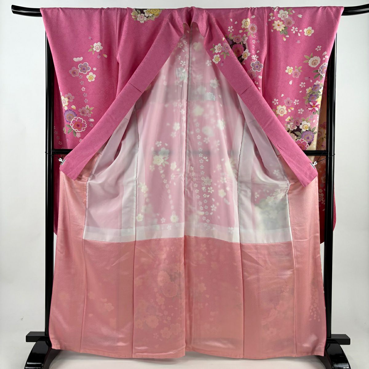 振袖禮服 身長166cm 袖長70.5cm L 雙層 牡丹 櫻花 金銀彩 粉紅 純蠶絲 名品級