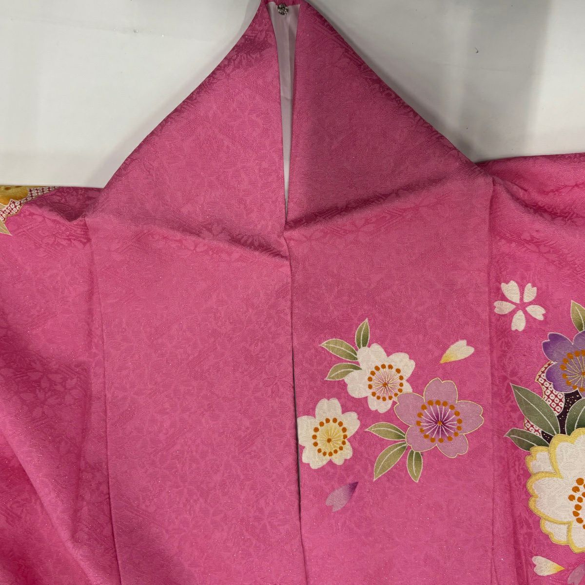 振袖禮服 身長166cm 袖長70.5cm L 雙層 牡丹 櫻花 金銀彩 粉紅 純蠶絲 名品級