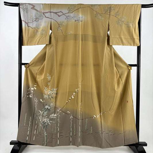 【美品】訪問服 身長160.5cm 袖長66cm M 雙層 落款あり 枝梅花 竹子 漸變 山吹茶 純蠶絲 名品級