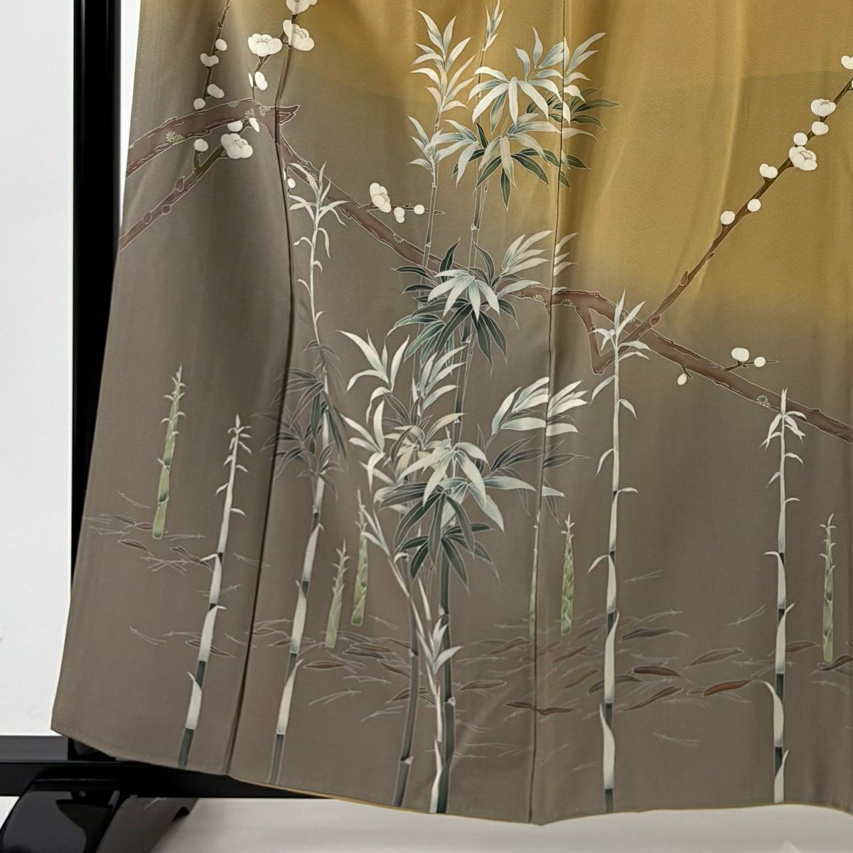 【美品】訪問服 身長160.5cm 袖長66cm M 雙層 落款あり 枝梅花 竹子 漸變 山吹茶 純蠶絲 名品級