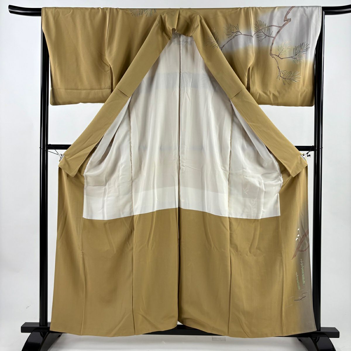 【美品】訪問服 身長160.5cm 袖長66cm M 雙層 落款あり 枝梅花 竹子 漸變 山吹茶 純蠶絲 名品級
