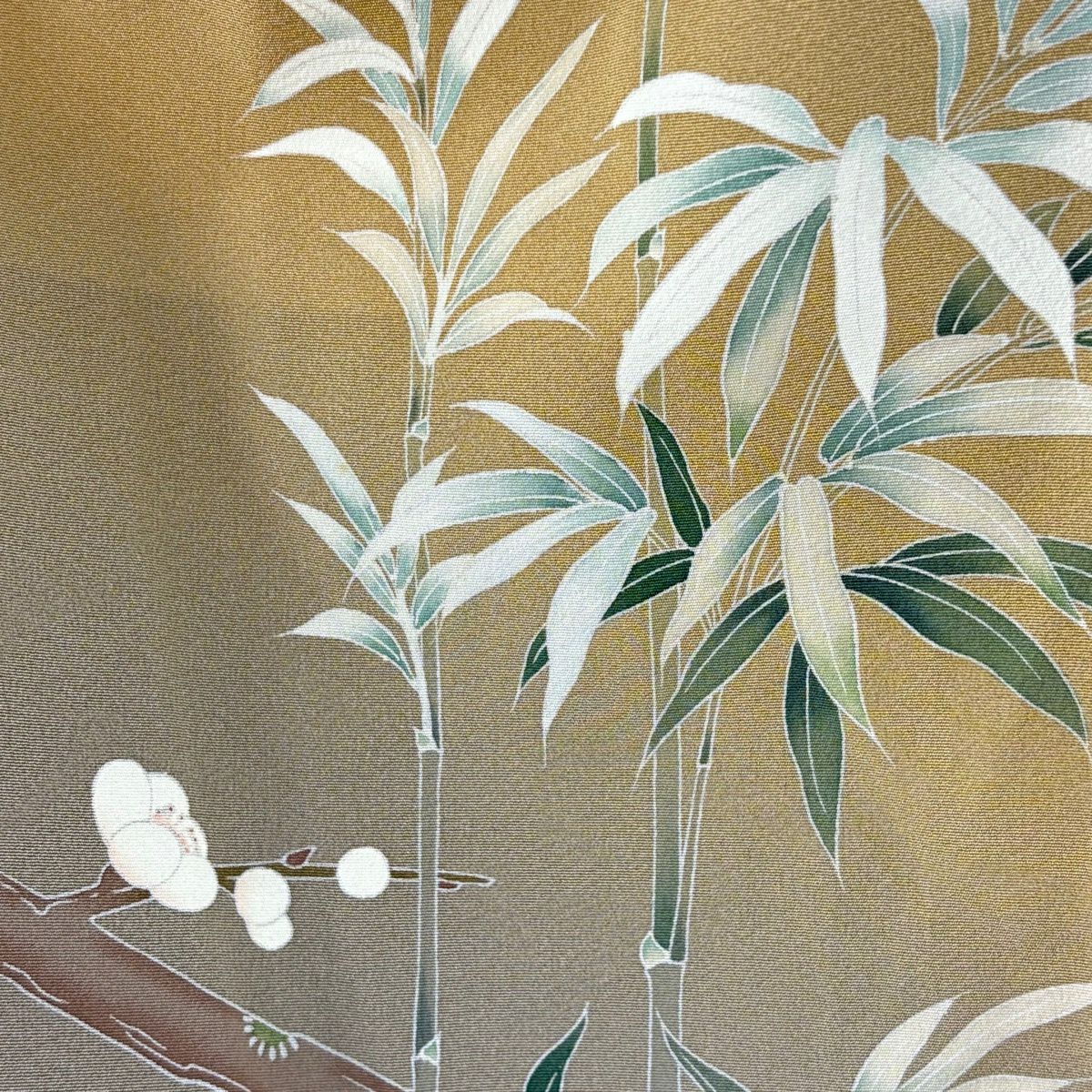 【美品】訪問服 身長160.5cm 袖長66cm M 雙層 落款あり 枝梅花 竹子 漸變 山吹茶 純蠶絲 名品級
