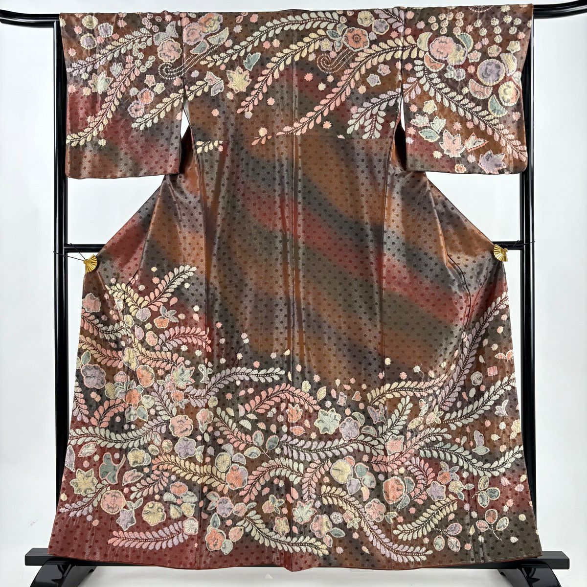 【美品】訪問服 身長159cm 袖長66.5cm M 雙層 草花紋紋 銀通し 漸層 紅茶 純蠶絲 名品級