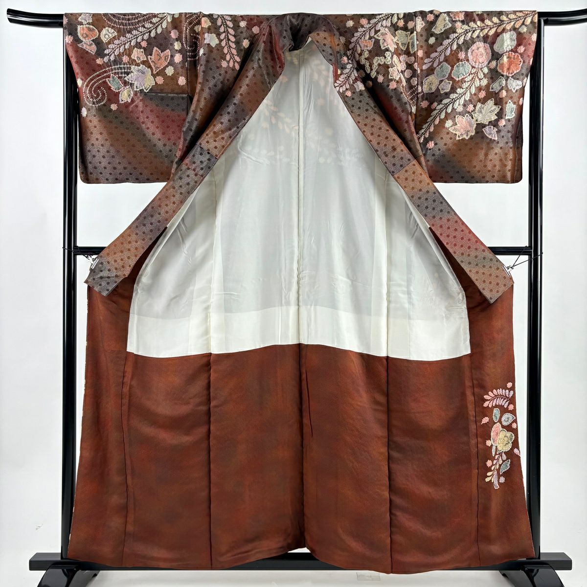 【美品】訪問服 身長159cm 袖長66.5cm M 雙層 草花紋紋 銀通し 漸層 紅茶 純蠶絲 名品級