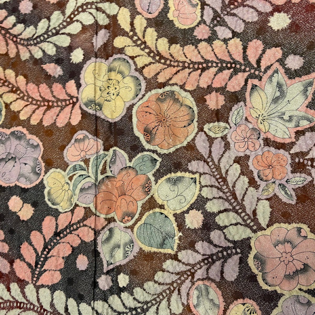 【美品】訪問服 身長159cm 袖長66.5cm M 雙層 草花紋紋 銀通し 漸層 紅茶 純蠶絲 名品級