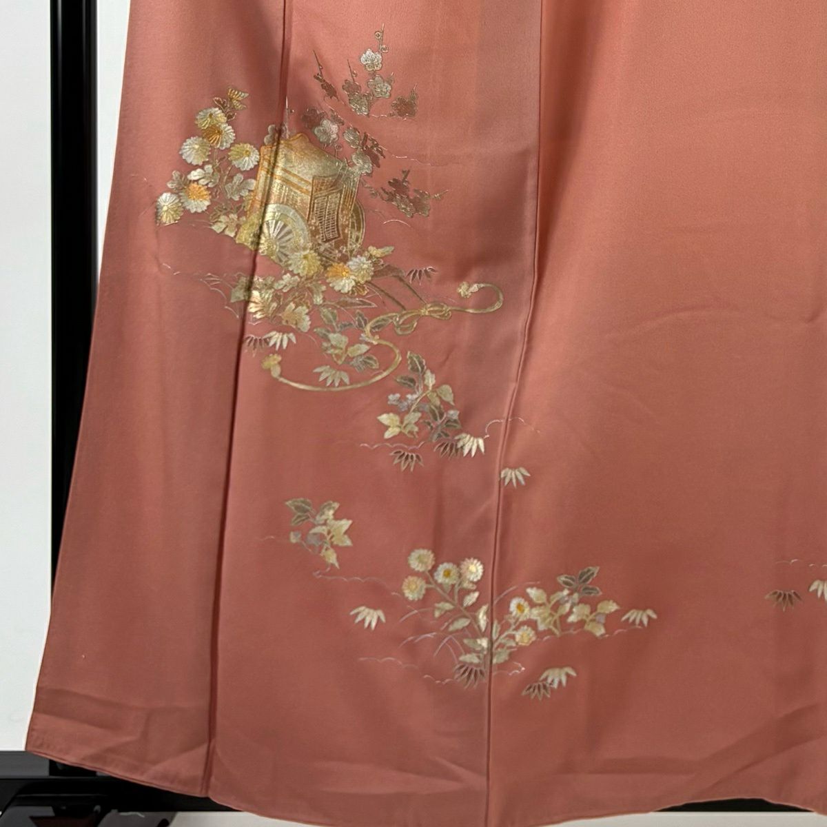 付下 身長160cm 袖長66cm M 雙層 和田光正 落款御所車 草花紋紋 金銀彩 鮭粉色 純蠶絲 名品級