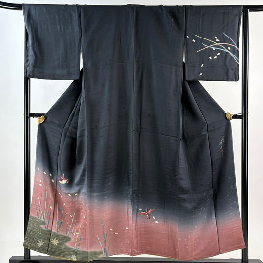 訪問服 身長154cm 袖長65.5cm M 雙層 二代目清次郎 落款 鳥 木賊 金銀彩 漸層 墨色 純蠶絲 優品級