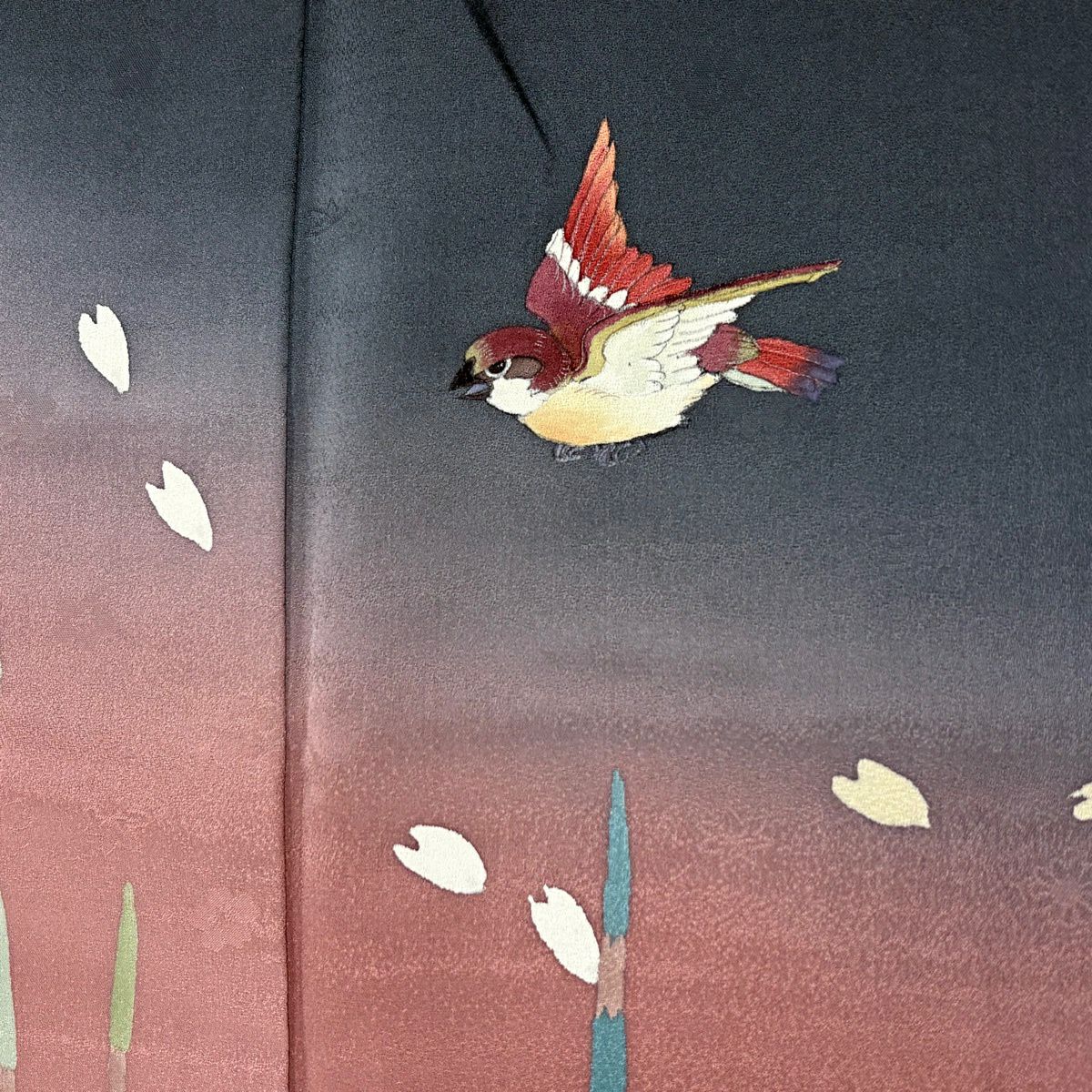 訪問服 身長154cm 袖長65.5cm M 雙層 二代目清次郎 落款 鳥 木賊 金銀彩 漸層 墨色 純蠶絲 優品級