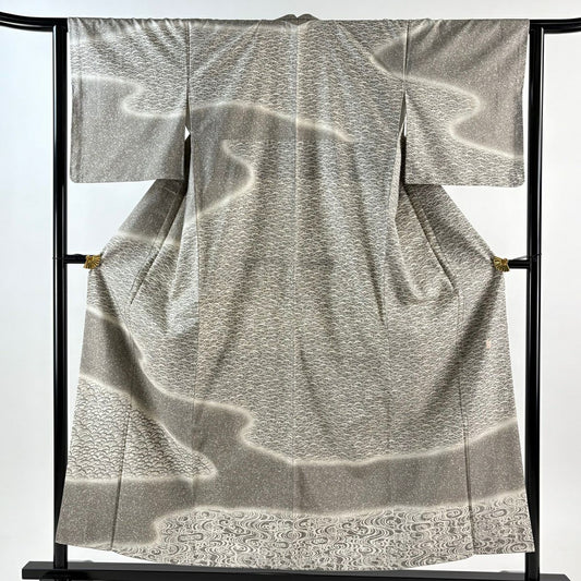 【美品】訪問服 身長156.5cm 袖長63cm S 雙層 川村久太郎 紬織織地 鈕衿 落款あり 雪芝 流水 灰色 純蠶絲 秀品級