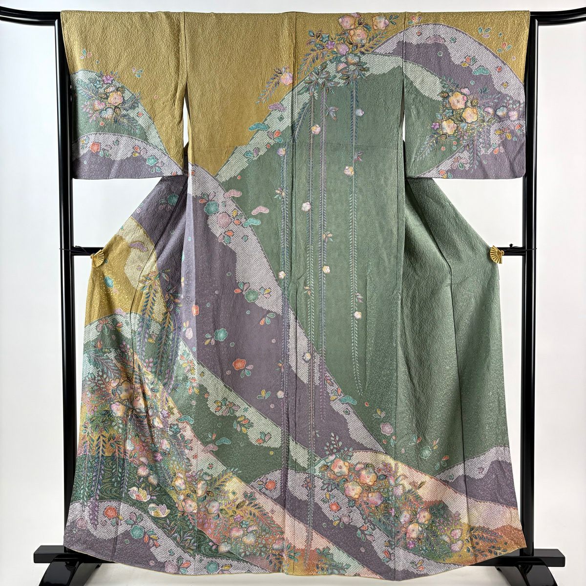 訪問服 身長159cm 袖長65cm M 雙層 辻花染圖案 鴛鴦 金銀彩 染分 黃土色 純蠶絲 秀品級