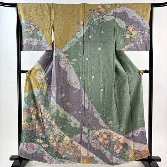 訪問服 身長159cm 袖長65cm M 雙層 辻花染圖案 鴛鴦 金銀彩 染分 黃土色 純蠶絲 秀品級