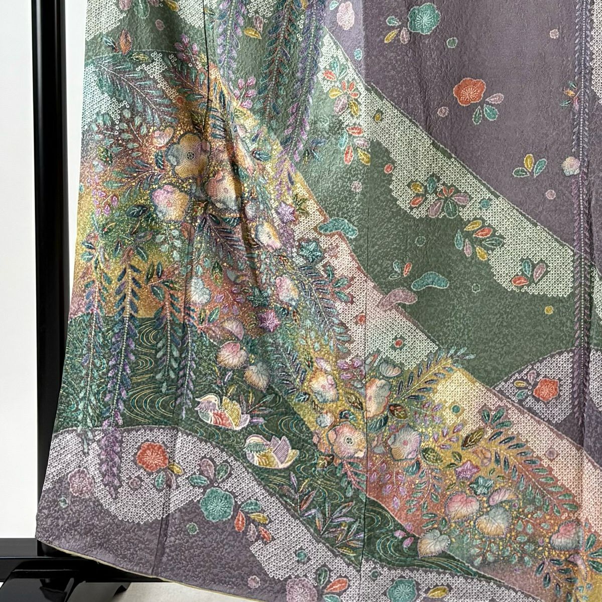 訪問服 身長159cm 袖長65cm M 雙層 辻花染圖案 鴛鴦 金銀彩 染分 黃土色 純蠶絲 秀品級
