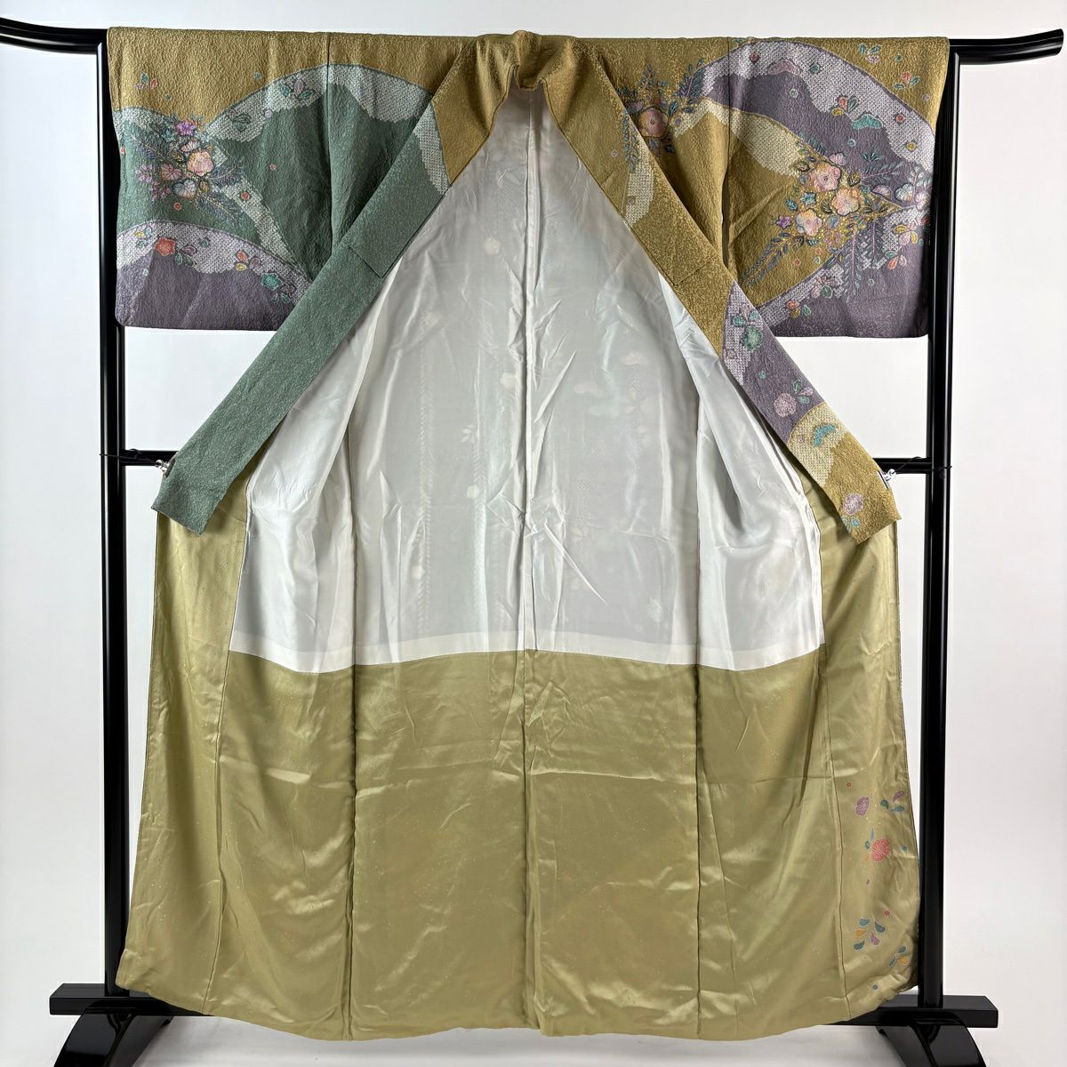 訪問服 身長159cm 袖長65cm M 雙層 辻花染圖案 鴛鴦 金銀彩 染分 黃土色 純蠶絲 秀品級