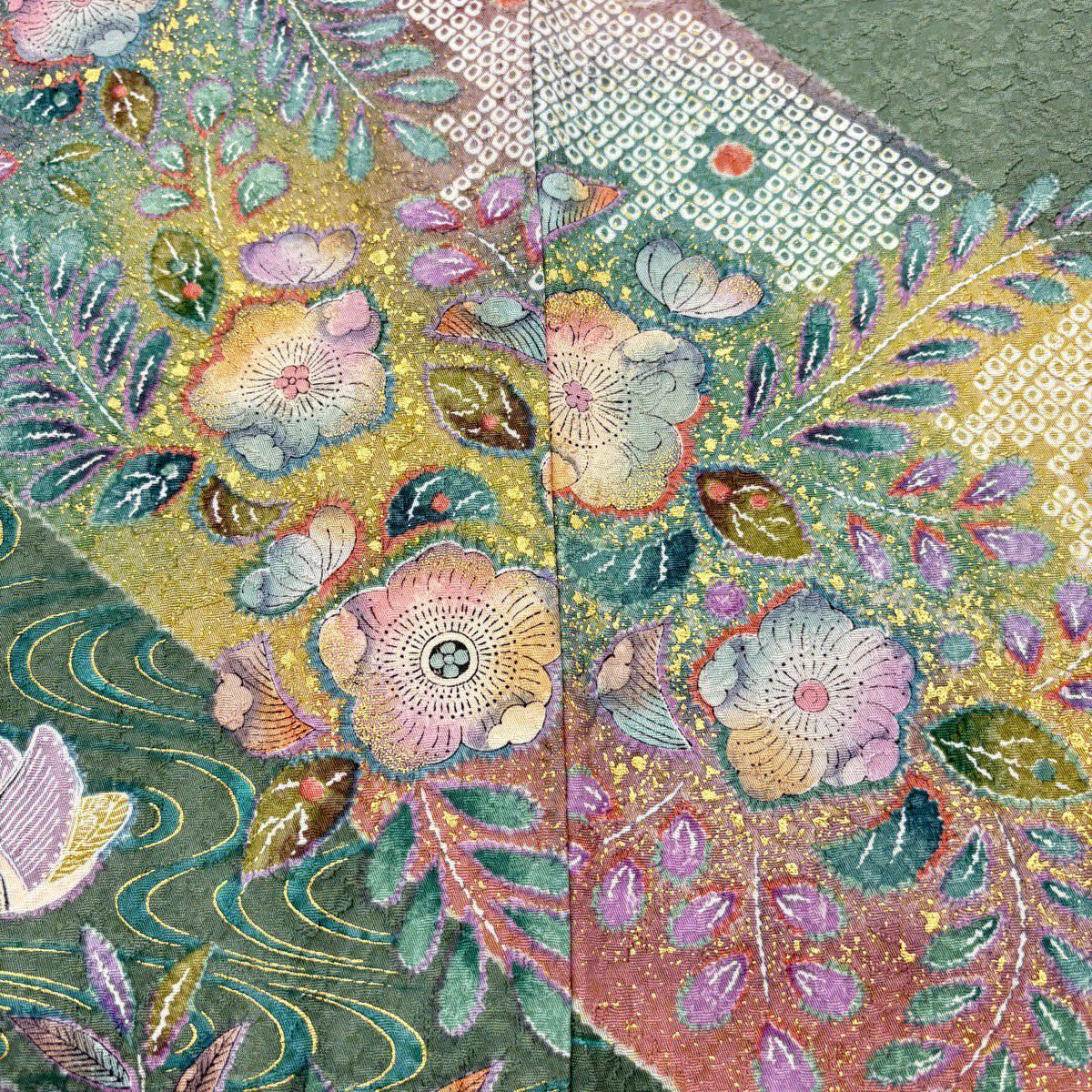 訪問服 身長159cm 袖長65cm M 雙層 辻花染圖案 鴛鴦 金銀彩 染分 黃土色 純蠶絲 秀品級