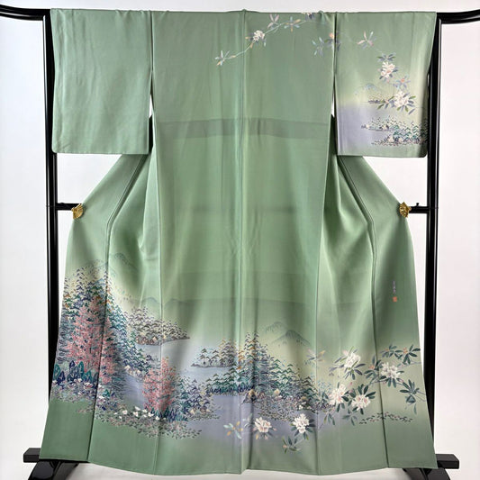 訪問服 身長159cm 袖長65cm M 雙層 落款有 風景 樹木 漸變 薄綠 純蠶絲 優品級