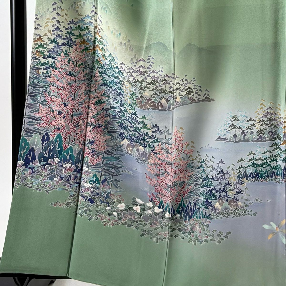 訪問服 身長159cm 袖長65cm M 雙層 落款有 風景 樹木 漸變 薄綠 純蠶絲 優品級