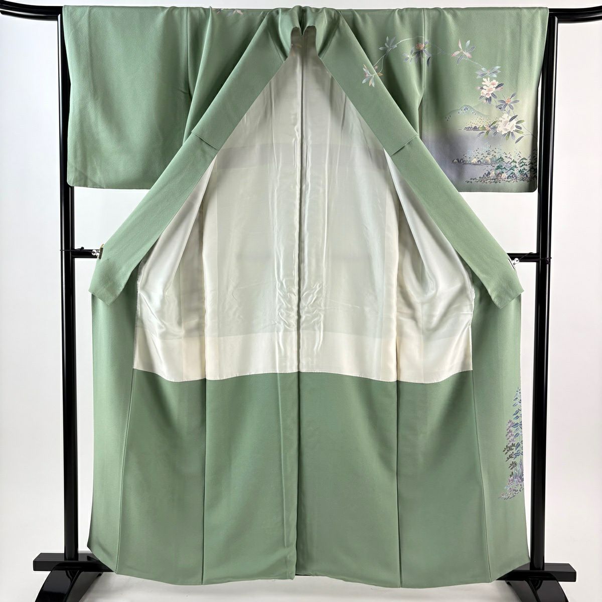 訪問服 身長159cm 袖長65cm M 雙層 落款有 風景 樹木 漸變 薄綠 純蠶絲 優品級